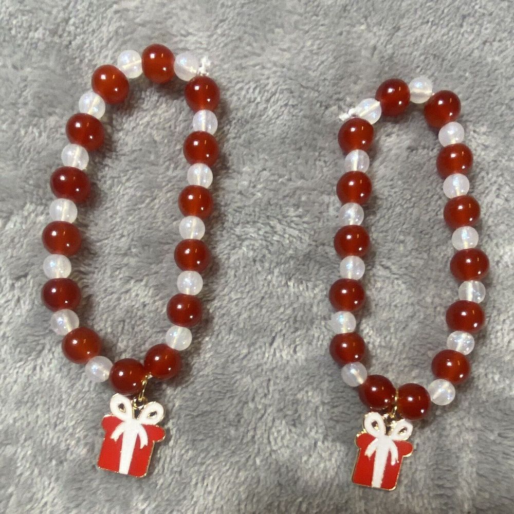 2pack Christmas Bracelets‎ Beaded Stretchable Red White New Handmade Gift Idea